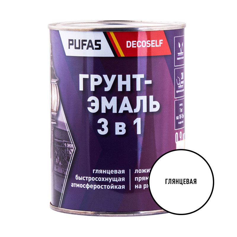 Грунт-эмаль Pufas Decoself 3 в 1 глянцевая белая (0,9 кг) тов-200082