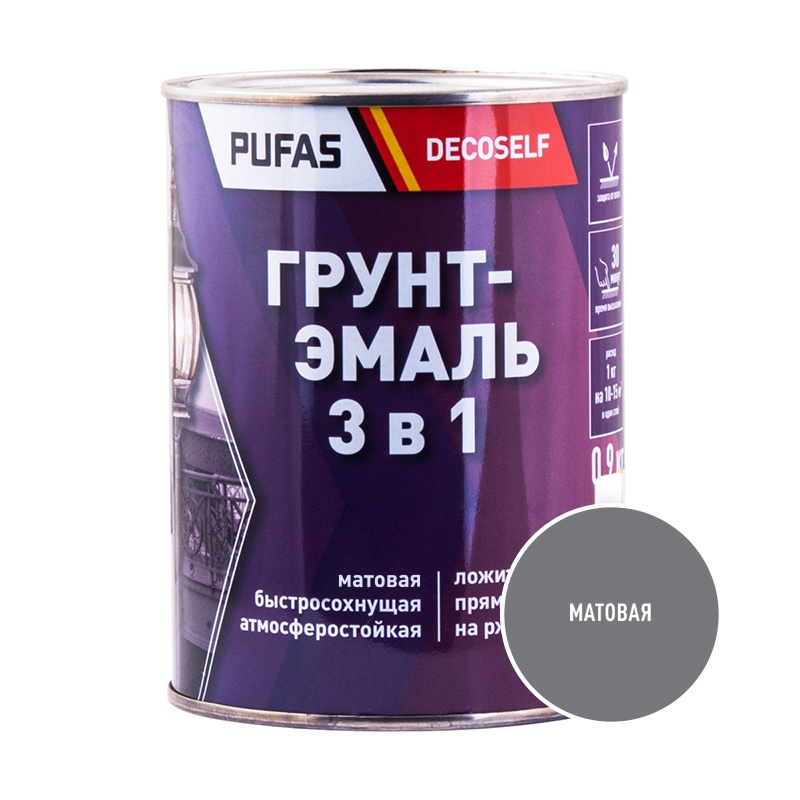 Грунт-эмаль Pufas Decoself 3 в 1 матовая серая (0,9 кг) тов-212142