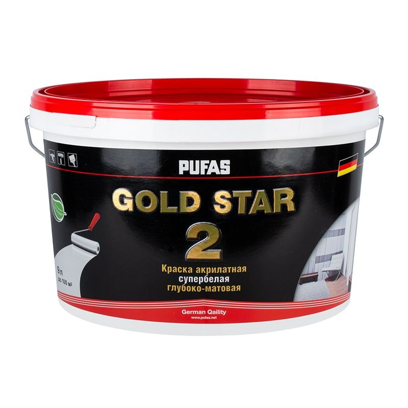 Краска акрилатная супербелая Pufas Gold Star 2 глубоко матовая (9 л) тов-135315