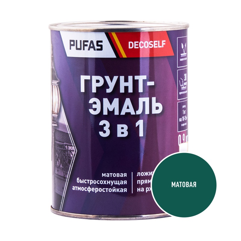 Грунт-эмаль Pufas Decoself 3 в 1 матовая зеленая (0,9 кг) тов-212133