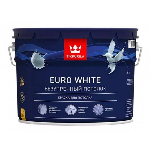 Краска для потолка Tikkurila Euro White белая глубокоматовая (9 л) тов-190551