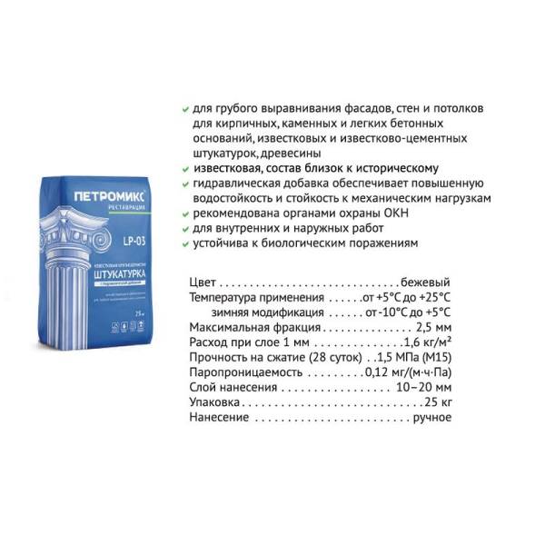 Штукатурка Петромикс известковая, с гидравлической добавкой LP-03, 25 кг тов-186647