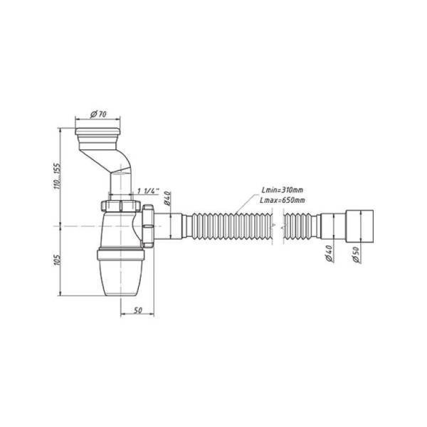 Сифон для писсуара Orio  Р-31009, 1 1/4"х40мм, две манжеты, гибкая труба тов-159615